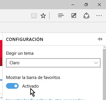 Botón deslizable debidamente activado en cómo mostrar la barra de favoritos en Microsoft Edge