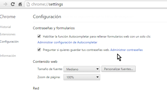Opción para administrar contraseñas en cómo mostrar las contraseñas guardadas en Google Chrome
