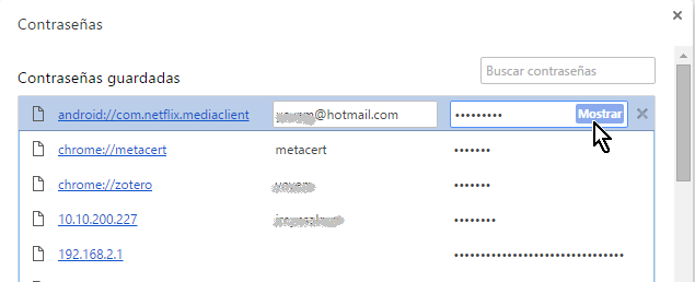 Botón Mostrar en cómo mostrar las contraseñas guardadas en Google Chrome