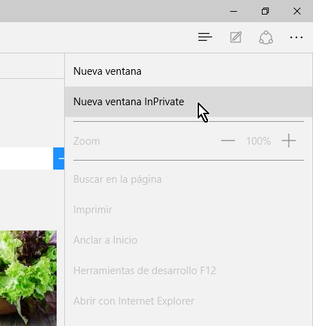 Opción del menú Nueva ventana InPrivate en cómo navegar en modo incógnito con Microsoft Edge