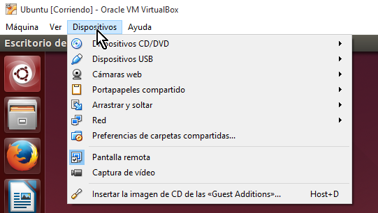 Opción Dispositivos del menú principal de VirtualBox en cómo utilizar la cámara web en VirtualBox