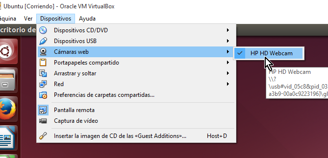 Lista de cámaras web disponibles desde el menú principal en cómo utilizar la cámara web en VirtualBox