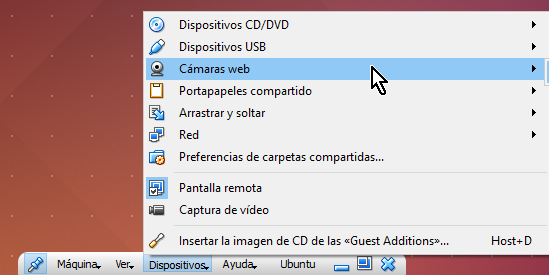 Opción Cámaras web desde la barra de herramientas de VirtualBox en cómo utilizar la cámara web en VirtualBox