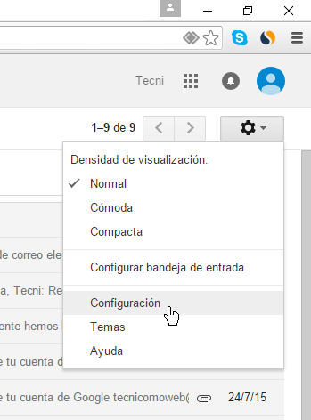 Opción Configuración del menú en cómo cancelar el envío de un correo electrónico en Gmail