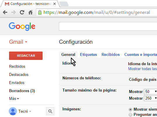 Pestaña General de las opciones de configuración en cómo cancelar el envío de un correo electrónico en Gmail