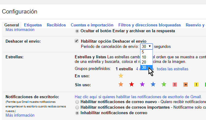 Menú con el Período de cancelación del envío en cómo cancelar el envío de un correo electrónico en Gmail
