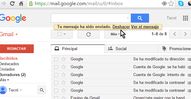 Opción Deshacer para cancelar envío del email en cómo cancelar el envío de un correo electrónico en Gmail