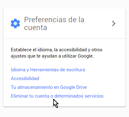 Opción Eliminar tu cuenta o determinados servicios en cómo borrar una cuenta de Google