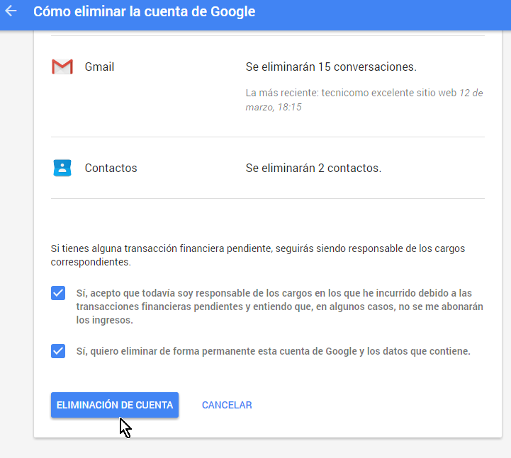 Marca las casilla y cliquea el botón Eliminación de cuenta en cómo borrar una cuenta de Google