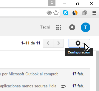 Botón Configuración en cómo eliminar una cuenta de Gmail