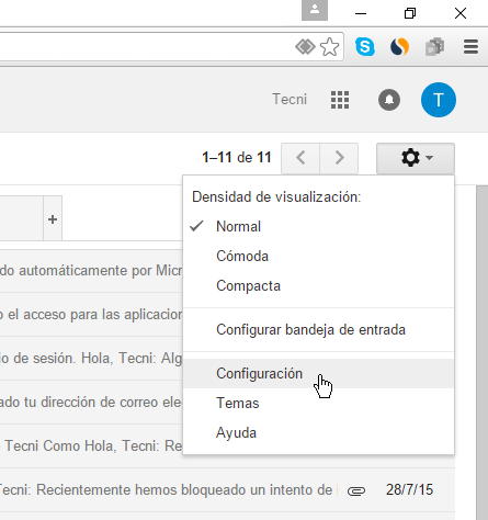 Menú desplegable de Configuración en cómo eliminar una cuenta de Gmail