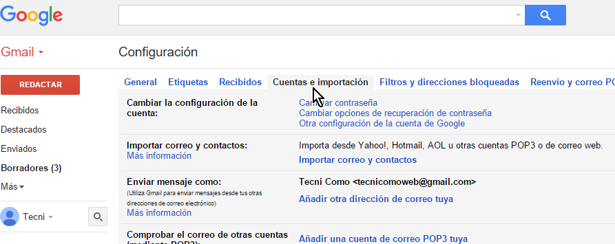 Pestaña Cuentas e importación en cómo eliminar una cuenta de Gmail