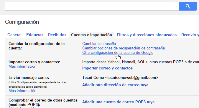 Opción Otra configuración de la cuenta de de Google en cómo eliminar una cuenta de Gmail