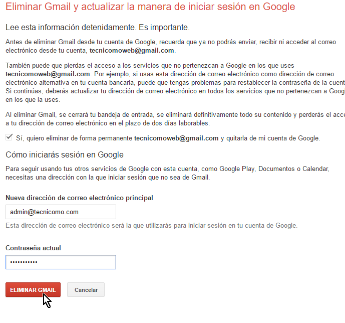 Confirma que quieres borrar tu cuenta de Gmail en cómo eliminar una cuenta de Gmail