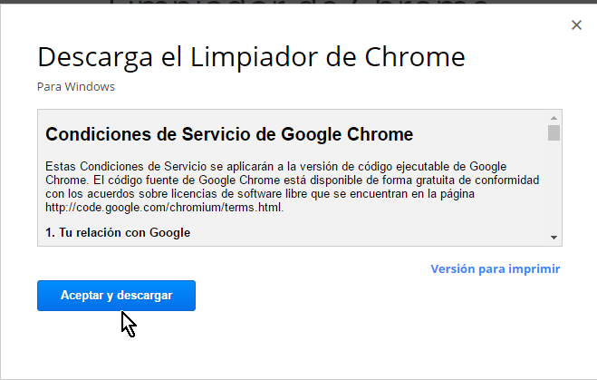 Aceptar y descargar las condiciones de servicio en cómo limpiar Google Chrome de software malintencionado