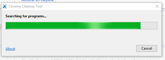 Barra de progreso en cómo limpiar Google Chrome de software malintencionado