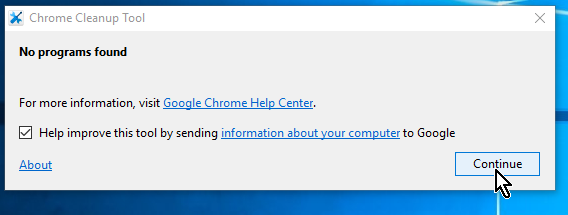 Botón Continue para completar la limpieza en cómo limpiar Google Chrome de software malintencionado