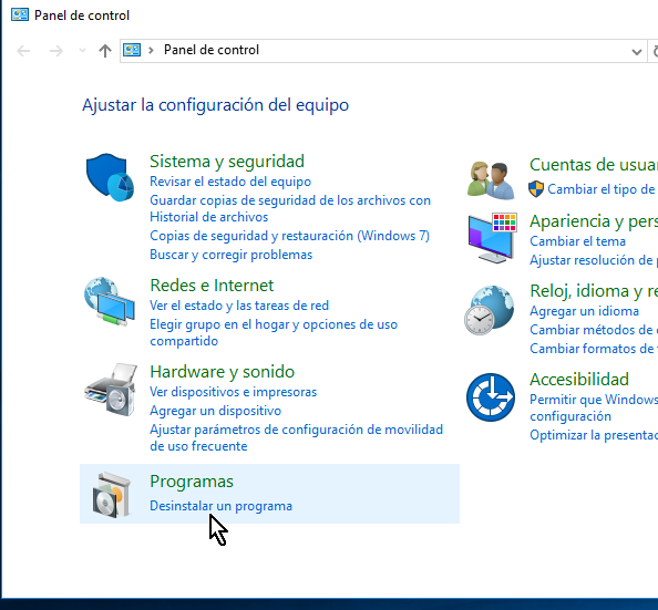 Panel de control en cómo desinstalar VirtualBox en Windows 10