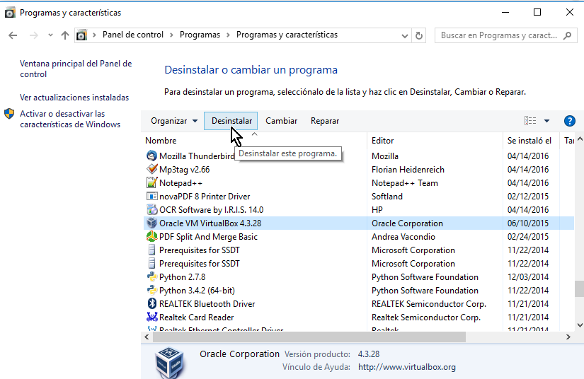 Pulsa el botón Desinstalar en cómo desinstalar VirtualBox en Windows 10