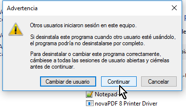Haz clic en el botón Continuar de la ventana Advertencia en cómo desinstalar VirtualBox en Windows 10