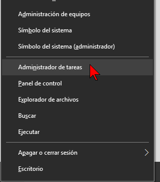 Selección del menú del teclado en cómo acceder al Administrador de tareas en Windows 10
