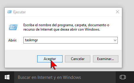 Comando Ejecutar en cómo acceder al Administrador de tareas en Windows 10