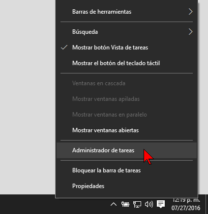 Menú contextual barra de tareas en cómo acceder al Administrador de tareas en Windows 10