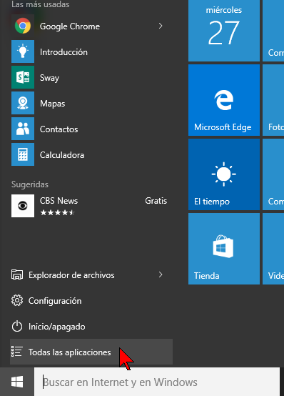 Todas las aplicaciones del menú Inicio en cómo acceder al Administrador de tareas en Windows 10