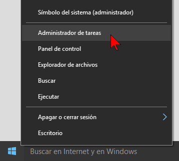 Menú contextual del botón Inicio en cómo acceder al Administrador de tareas en Windows 10