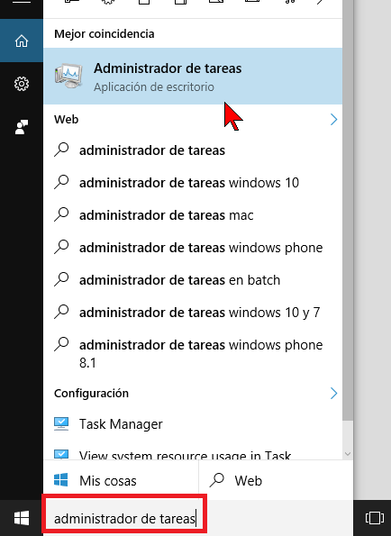 Escribiendo en el cuadro de Búsqueda en cómo acceder al Administrador de tareas en Windows 10