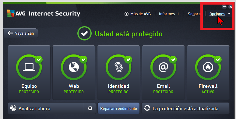 Selecciona Opciones del menú principal en cómo actualizar el AVG Antivirus Protection Pro manualmente