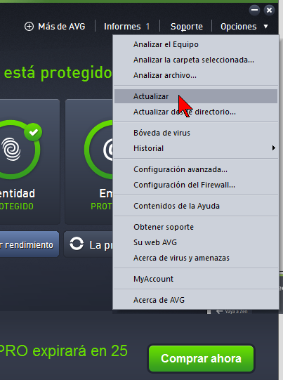Opción Actualizar en cómo actualizar el AVG Antivirus Protection Pro manualmente