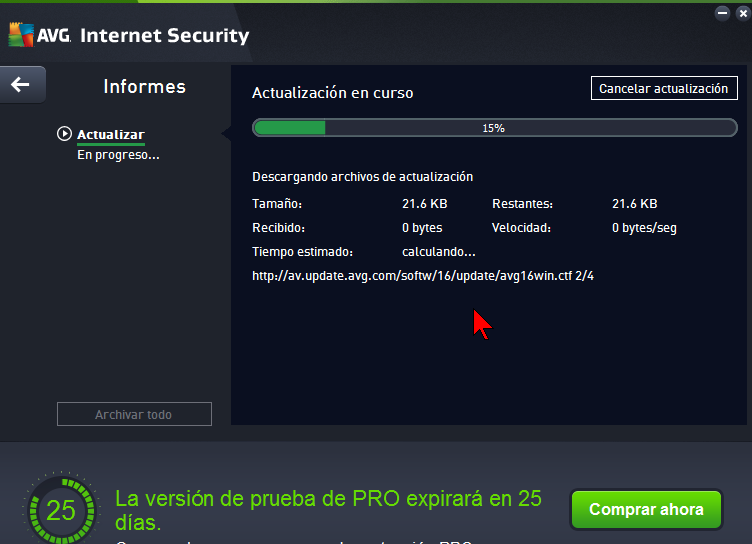 Barra de progreso en cómo actualizar el AVG Antivirus Protection Pro manualmente
