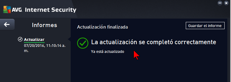 Mensaje de Actualización finalizada en cómo actualizar el AVG Antivirus Protection Pro manualmente
