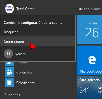 Cerrar sesión desde el menú Inicio en cómo cerrar sesión en Windows 10