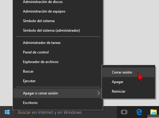 Menú contextual del botón Inicio de Windows 10 en cómo cerrar sesión en Windows 10