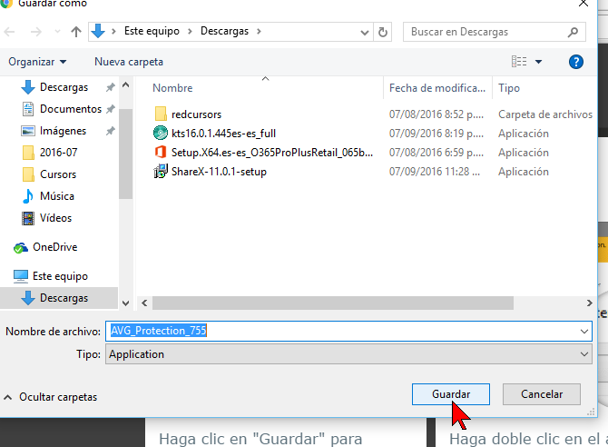 Botón para Guardar el antivirus en cómo descargar e instalar AVG Antivirus Protection Pro