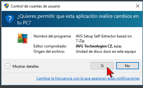 Windows 10 preguntando sobre cambios en cómo descargar e instalar AVG Antivirus Protection Pro