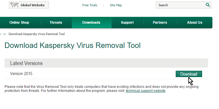 Botón Download en cómo descargar y usar Kaspersky Virus Removal Tool