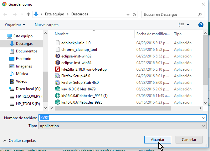 Ventana para guardar el archivo en cómo descargar y usar Kaspersky Virus Removal Tool