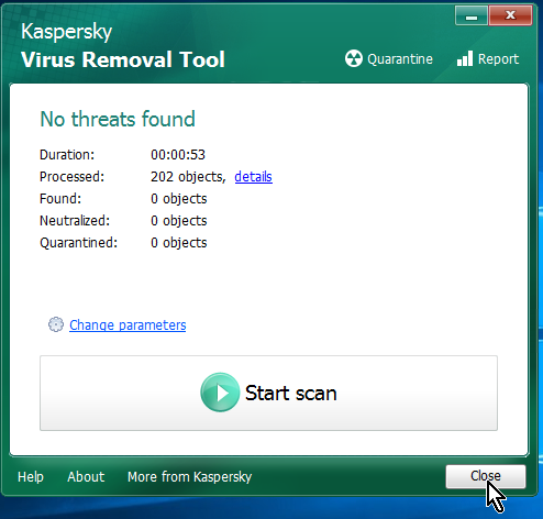 Informe con las vulnerabilidades encontradas y para cerrar la aplicación en cómo descargar y usar Kaspersky Virus Removal Tool