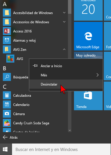 Menú de contexto de AVG en cómo desinstalar AVG Antivirus Protection Pro