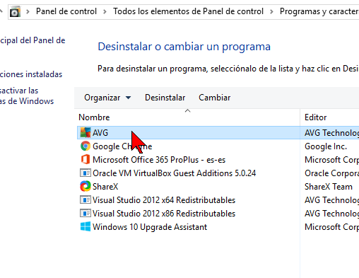 Selecciona AVG para remover AVG Zen en cómo desinstalar AVG Antivirus Protection Pro