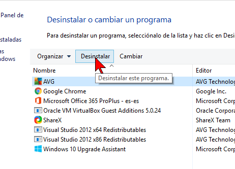 Botón Desinstalar del Panel de control en cómo desinstalar AVG Antivirus Protection Pro