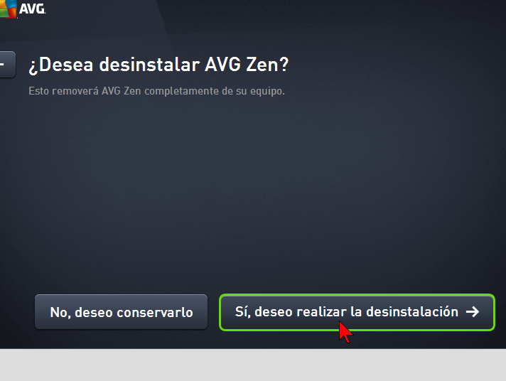 Confirmando la desinstalación de AVG Zen en cómo desinstalar AVG Antivirus Protection Pro