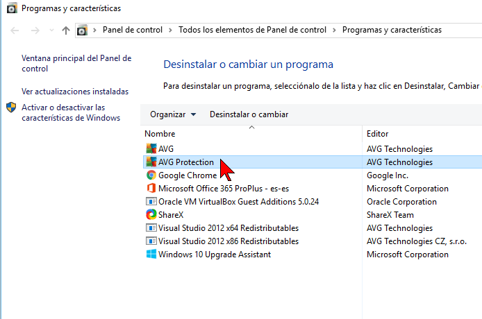 Seleccionando AVG Protection en cómo desinstalar AVG Antivirus Protection Pro