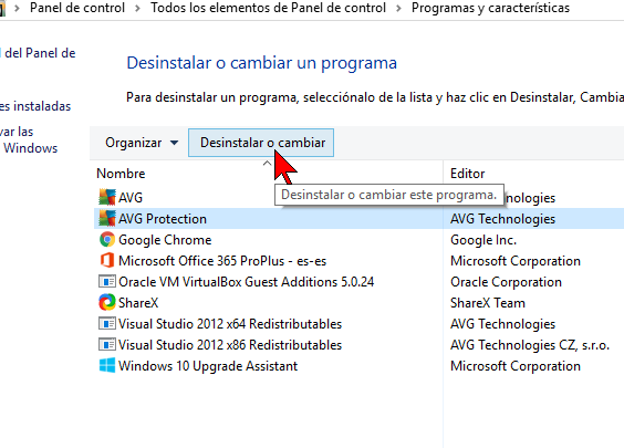Botón Desinstalar o cambiar en cómo desinstalar AVG Antivirus Protection Pro