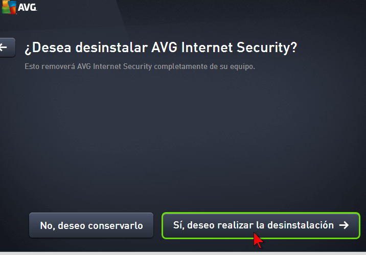 Confirmando la desinstalación en cómo desinstalar AVG Antivirus Protection Pro