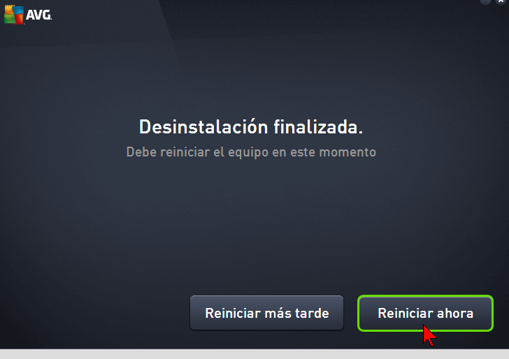 Botón para reiniciar la PC en cómo desinstalar AVG Antivirus Protection Pro