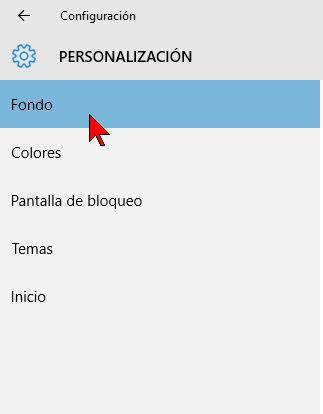 Opción Fondo en cómo cambiar el color de fondo del Escritorio de Windows 10